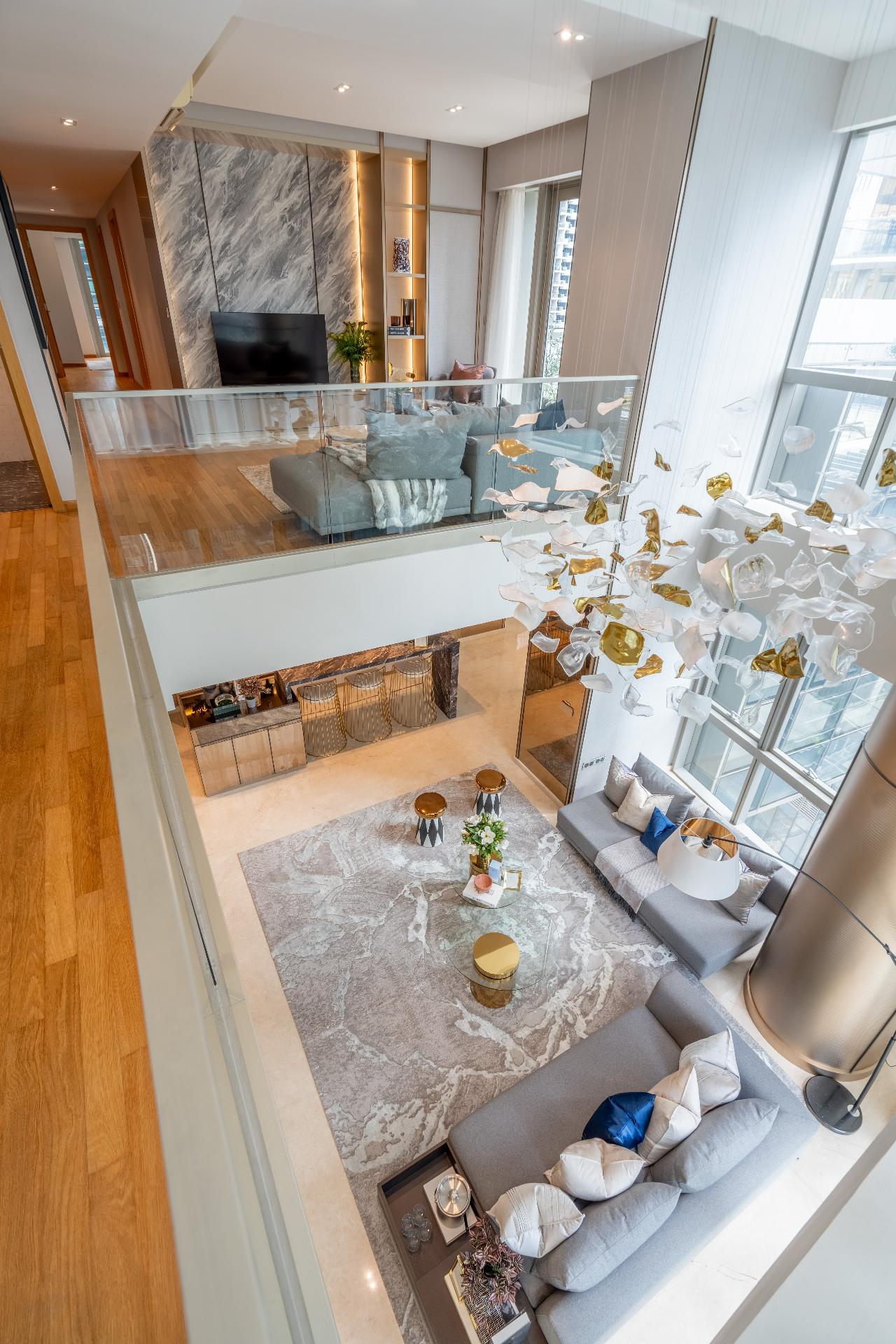 Upper-level perspective overlooking the double-volume lounge